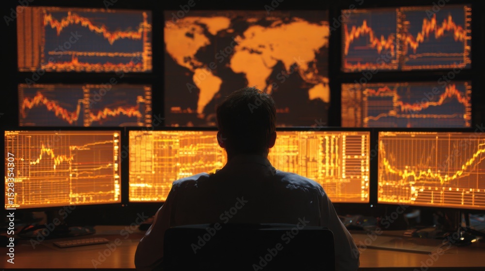 Poster a man is sitting in front of a computer monitor with a world map on the screen. he is looking at the