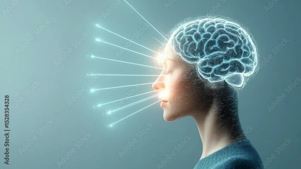 Poster mind and illumination: an image of a woman's profile, with a visual representation of mental process