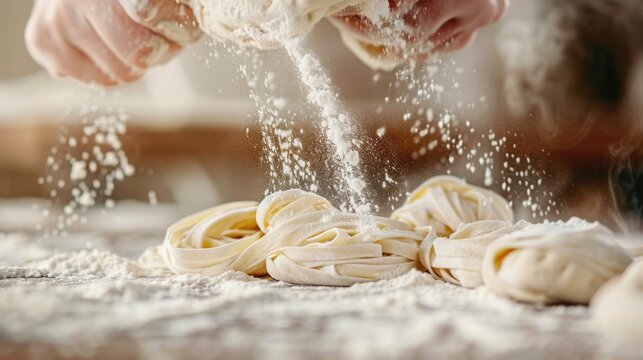A close-up shot of hands sprinkling flour over freshly made pasta dough, showcasing the art of cooking and the joyful experience of preparing a homemade meal. - Powered by Adobe