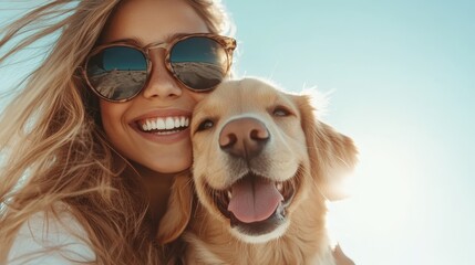 This heartwarming image captures a joyful moment between a woman and her golden retriever puppy, radiating happiness and companionship on a sunny beach day.