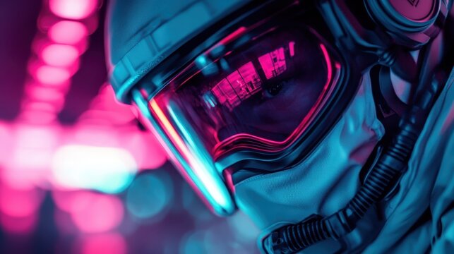 A futuristic astronaut with vibrant neon reflections captivates the viewer, representing exploration, innovation, and the thrill of space travel amidst a unique cosmic backdrop.