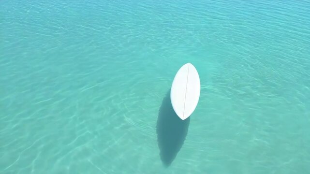 Surfboard Floating on Turquoise Water: A lone surfboard floats serenely on crystal-clear, turquoise waters. The sun casts a gentle shadow beneath it.
