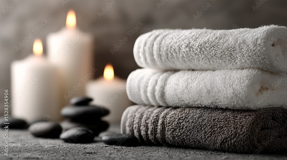 Poster indulgent spa atmosphere enhanced by soft white towels, glowing candles, and smooth stones creating 