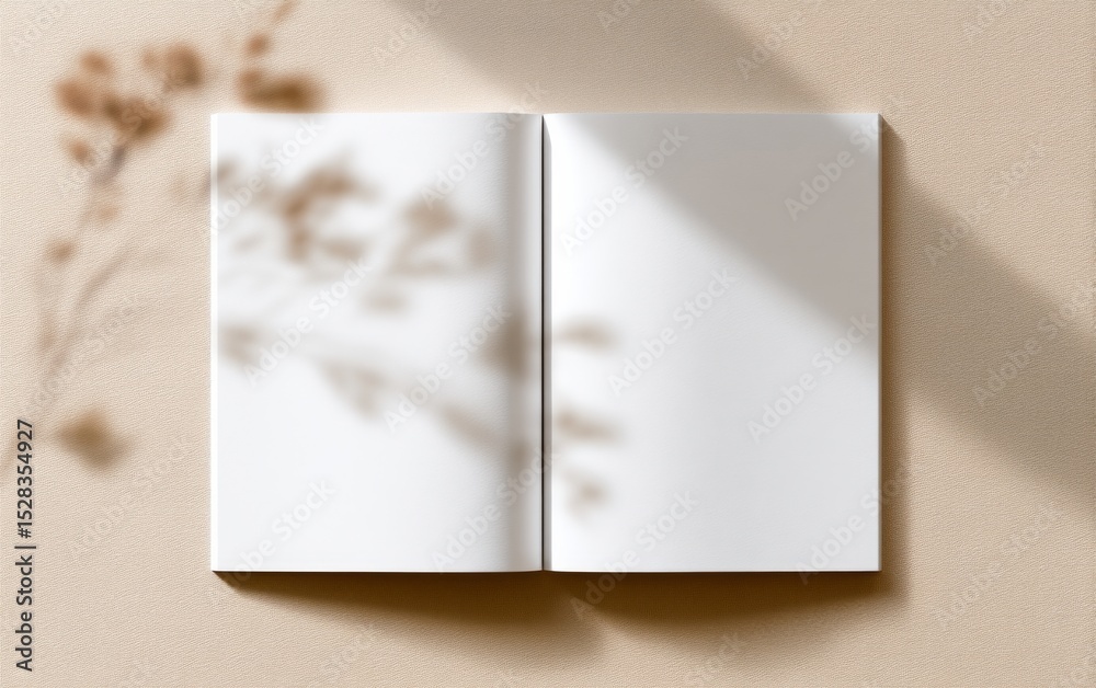 Poster minimalist open book on a soft beige background showcasing lyrical shadows and a tranquil aesthetic 