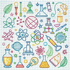 Colorful science doodles on grid paper