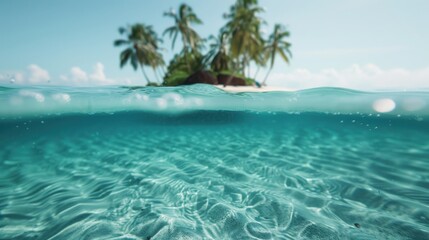 Fototapeta premium A serene view of a tropical sea featuring a distant island, captured in tranquil blue hues, inviting feelings of peace, relaxation, and the allure of escapism.