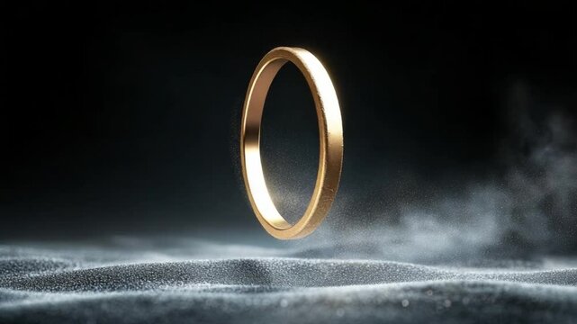 Golden Wedding Ring: A beautifully crafted gold wedding ring hovers elegantly above a misty, textured surface, set against a dark backdrop, symbolizing eternal love and commitment.