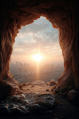 A view of a city through a cave with a sunset in the background