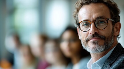 Fototapeta premium A confident man with glasses sits in a blurred conference room, projecting an atmosphere of professionalism and engagement, surrounded by an audience in soft focus.