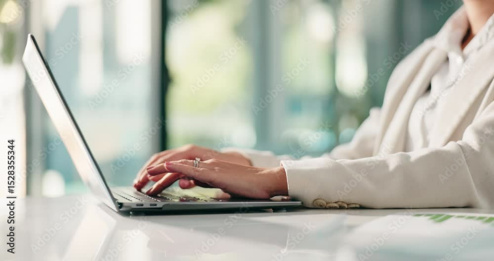 Poster hands, laptop and typing with business person at desk in office for report or research. administrati