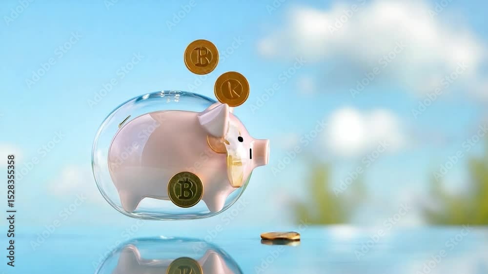 Poster financial security in a piggy bank: this image showcases a transparent piggy bank, representing fina
