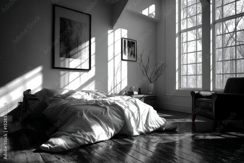 Poster minimalist bedroom design showcasing natural light and shadow interplay in a serene black and white 