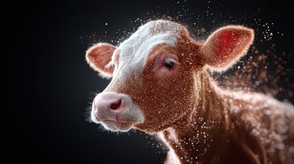A captivating portrait of a cow is adorned with a soft, sparkling light effect, emphasizing its gentle gaze and highlighting the beauty of rural life and nature.