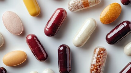 An array of colorful capsules and supplements sprawls across a clean surface, showcasing a variety of shapes, sizes, and colors that symbolize health and wellness.