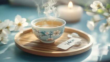 A steaming teacup, spring blossoms, and calm