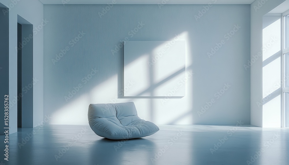 Poster Sculpture in a white room basks in sunlight near the window creating shadows, featuring a minimalistic, modern design with smooth surfaces