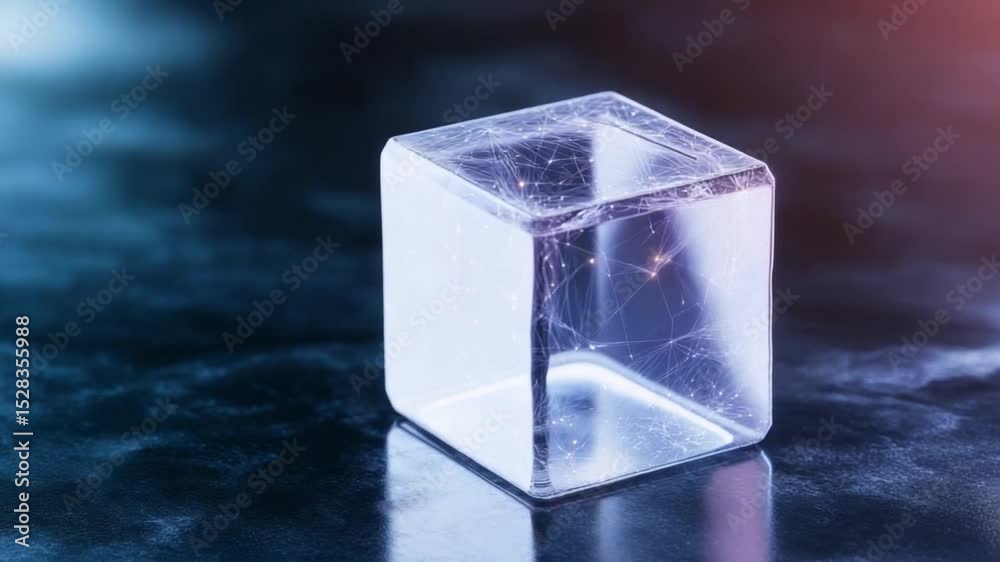 Poster Abstract Crystal Cube: A pristine, transparent cube stands out against a dynamic background, embodying modern design and innovation, perfect for conveying concepts of clarity and precision.