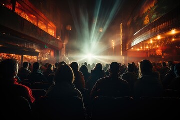An audience captivated by a dramatic performance under dazzling stage lighting, creating an atmosphere filled with anticipation and excitement in a theatrical setting.