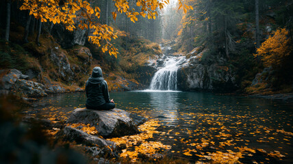 Embracing tranquility through meditation by a serene waterfall during fall