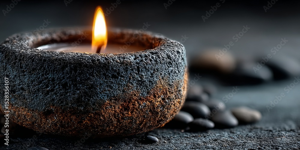 Poster Glimmering Tranquility From a Burning Candle Nestled in a Rustic Clay Holder, Casting a Soft Glow on Warm Stone Texture With a Calm Gradient Background