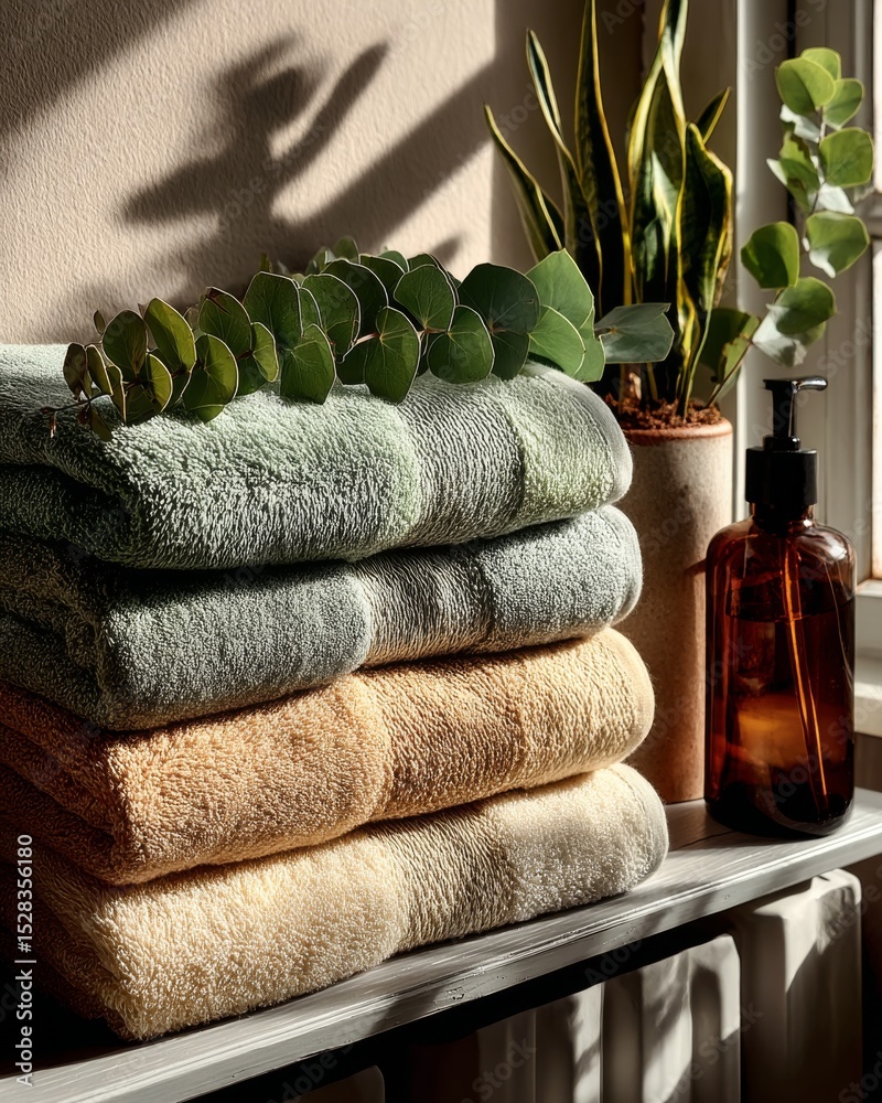 Poster serene arrangement of pastel towels on a crisp shelf in a calm spa-like setting, enhanced by gentle 
