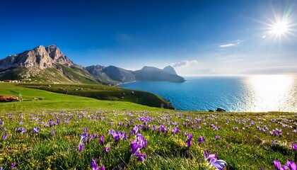 beautiful spring landscape nature of mountain meadow and sea at day