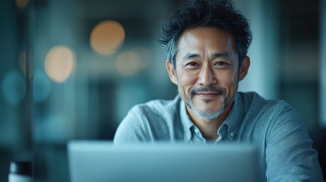 A mature man with a warm, friendly smile working on a laptop in a stylish modern office, representing professionalism and the serene atmosphere of a workplace filled with creativity.