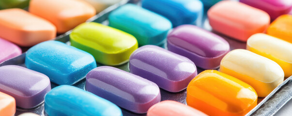 Colorful capsules are arranged in a grid pattern on a surface. Concept: Variety, medication, choice