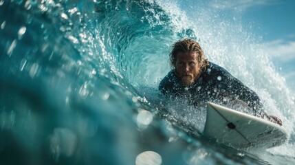 A man is surfing in the ocean, riding a wave on a surfboard. The water is blue and the sky is clear, creating a peaceful and serene atmosphere