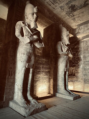 Interior view with giant statues of Ramses II Abu Simbel temple, ancient Egypt