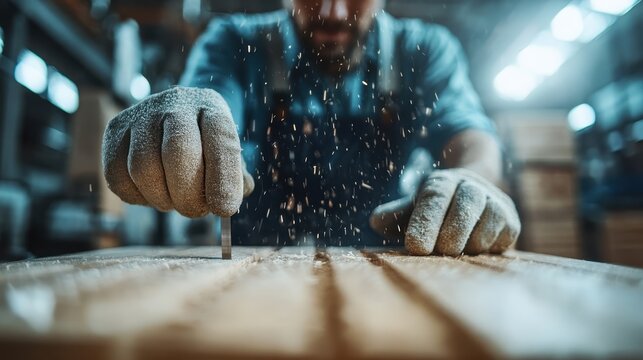A skilled craftsman, focused on his woodworking project, demonstrates timeless craftsmanship amidst flying sawdust, exemplifying dedication, passion, and artistry in creating beautiful wooden pieces.