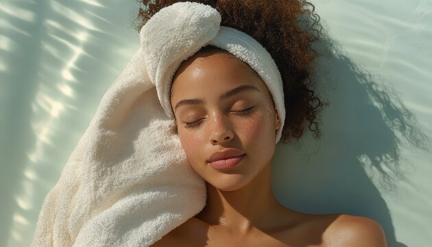 Relaxing in turquoise Water at Sunset in the Caribbean Sea with Afro Hairstyle and Wearing a White Towel around her Head