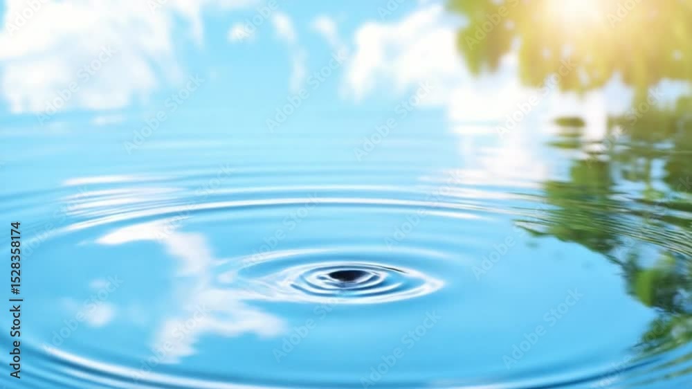 Poster Ripple Effect: A close-up view of tranquil water surface as concentric ripples expand outwards, mirroring the sky and sunlight, creating a mesmerizing display of nature's artistry.