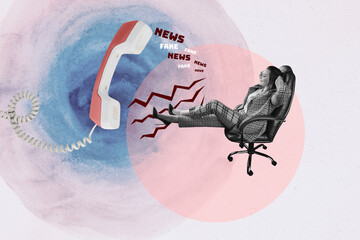 Poster graphics collage of person stand sit near phone call fake news on pink background
