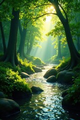 Sun-dappled river flows through lush green spring forest, life, flora