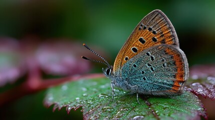 Obraz premium A butterfly with blue and orange wings is sitting on a leaf. The leaf is wet, and the butterfly is surrounded by water droplets. Concept of tranquility and beauty
