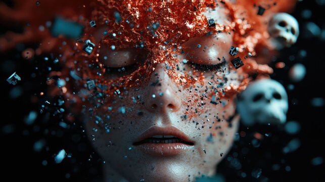 A surreal portrait of a woman with a dazzling red explosion, blending artistic elements and human features, capturing emotions of chaos and beauty in a singular moment.