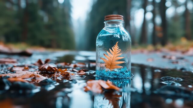 A serene composition showcasing a fern submerged in blue liquid within a glass bottle, surrounded by fallen leaves on a reflective surface in a tranquil forest setting. - Powered by Adobe