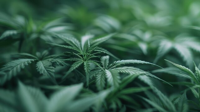 This close-up image showcases a vibrant cluster of green cannabis leaves, emphasizing their intricate patterns and symbolizing natural growth and vitality.