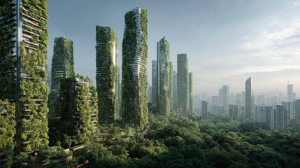 Obraz premium A cityscape with tall buildings and green trees. The buildings are covered in plants and the sky is blue
