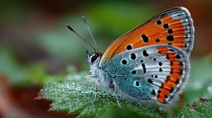 Obraz premium A butterfly with blue and orange wings is sitting on a leaf. The butterfly is surrounded by a green background