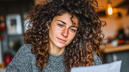 Young woman reads a letter with curiosity in a cozy indoor setting during daytime hours