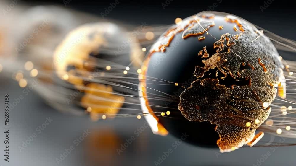 Aufkleber Global Network:  Conceptual image of connected world, with globes linked by glowing lines symbolizing communication.