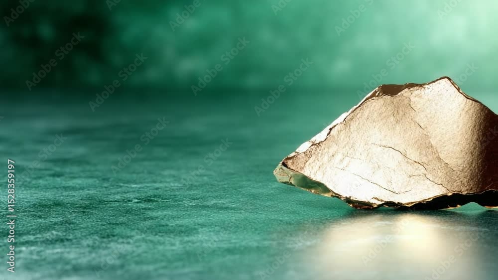 Poster shard on emerald surface: a striking shard of broken material, meticulously placed on an iridescent 