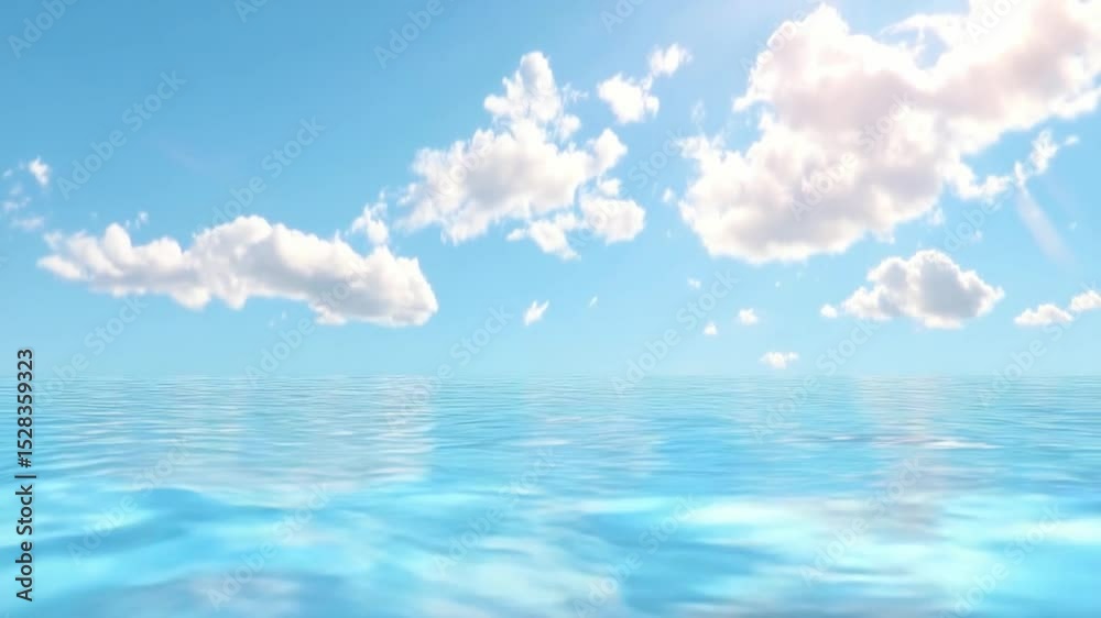 Poster sky meets sea: a serene ocean scene where clear blue sky is adorned with fluffy clouds and the sun's