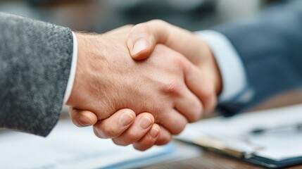 Obraz premium Two men shaking hands in a business setting. Concept of professionalism and trust between the two individuals