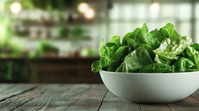 A fresh bowl of crisp, green lettuce awaits in a rustic kitchen setting, symbolizing healthy eating and the essence of fresh produce in culinary dishes.