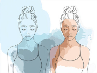 Natural skincare routine at home, Modern Line Art + Watercolor of a woman before and after skincare treatment