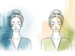 Natural skincare routine at home, Modern Line Art + Watercolor of a woman with colored face masks on each side