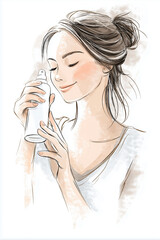 Natural skincare routine at home, Modern Line Art + Watercolor of a woman enjoying a skincare product